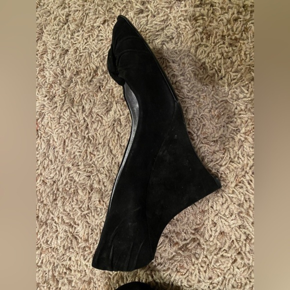 Prada Y2K Black Suede Peep Toe Wedge Pumps Square Toe Leather IT 40 US 9.5-10 - Picture 9 of 13